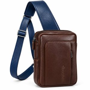 Cherryflakes Brown Chest Crossbody Bag with Blue Adjustable Shoulder Strap