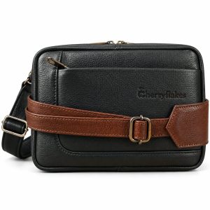 Cherryflakes Black Chest Crossbody Bag with Brown Adjustable Shoulder Strap