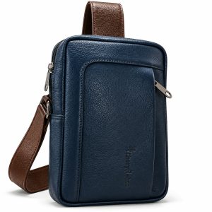 Cherryflakes Blue Chest Crossbody Bag with Tan Adjustable Shoulder Strap