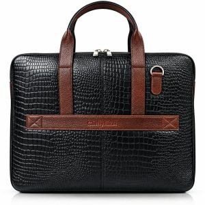 Cherryflakes Valore - Premium Croc Texture Leather Laptop Bag with Multiple compartments & Detachable Shoulder Strap (Black)